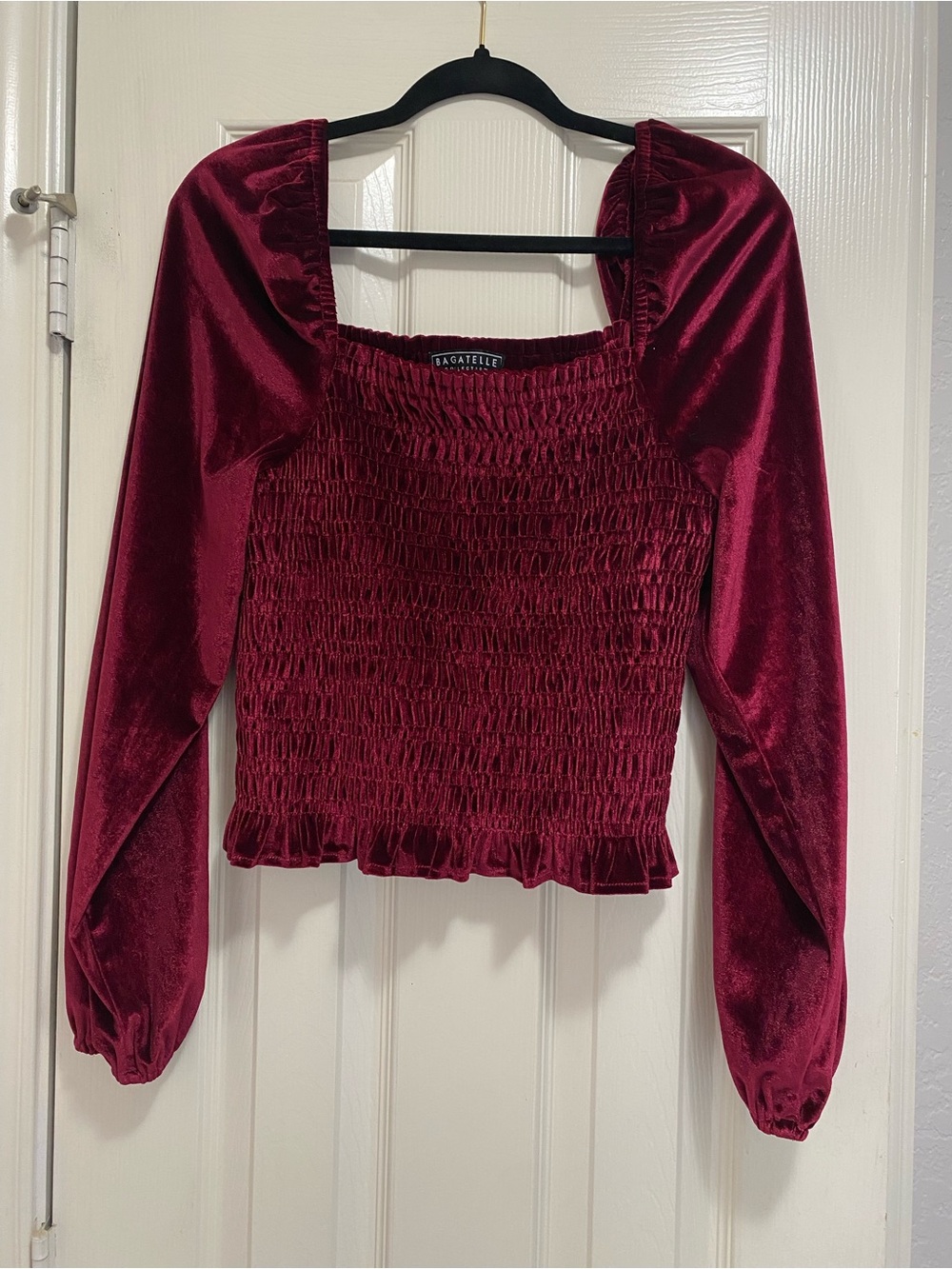 bagatelle Burgundy Velvet Smocked Long Sleeve Square Neck Top